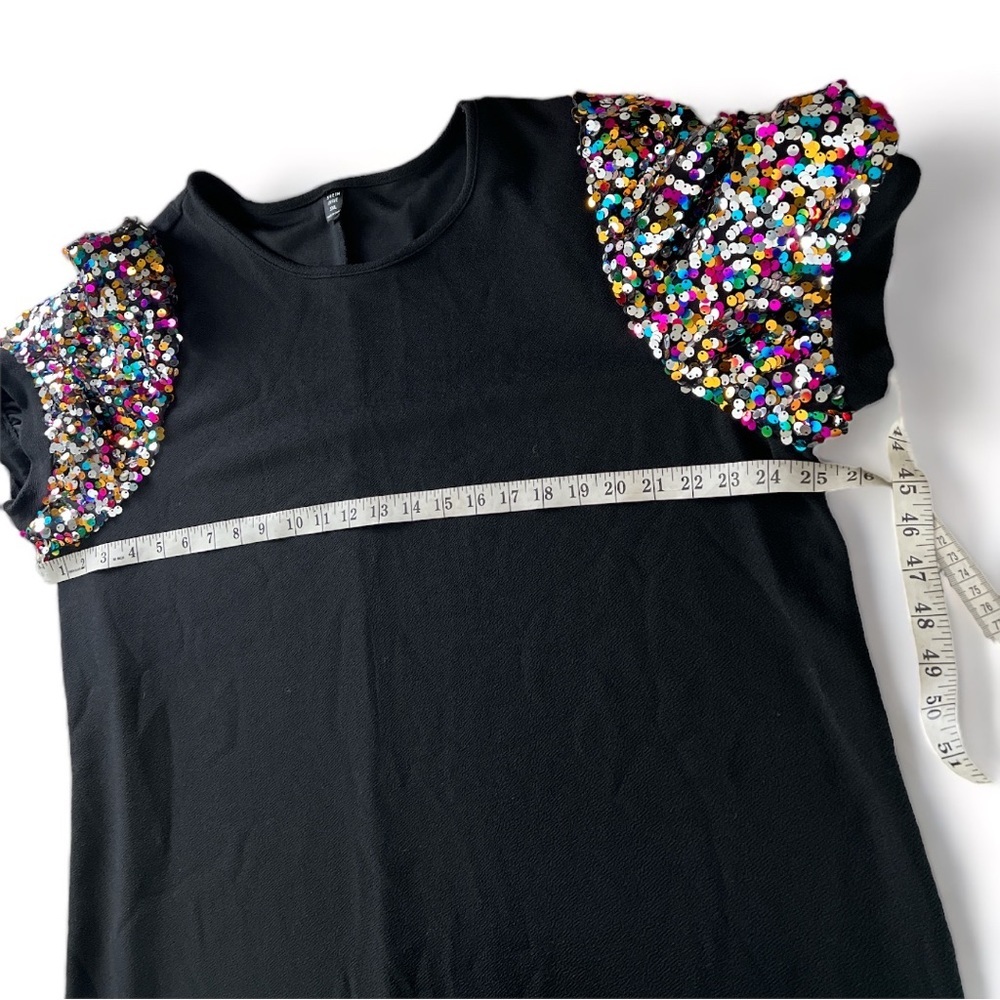 Black Short Sleeve Dress with Multicolor Sequin Puff Sleeves - Picture 8 of 12